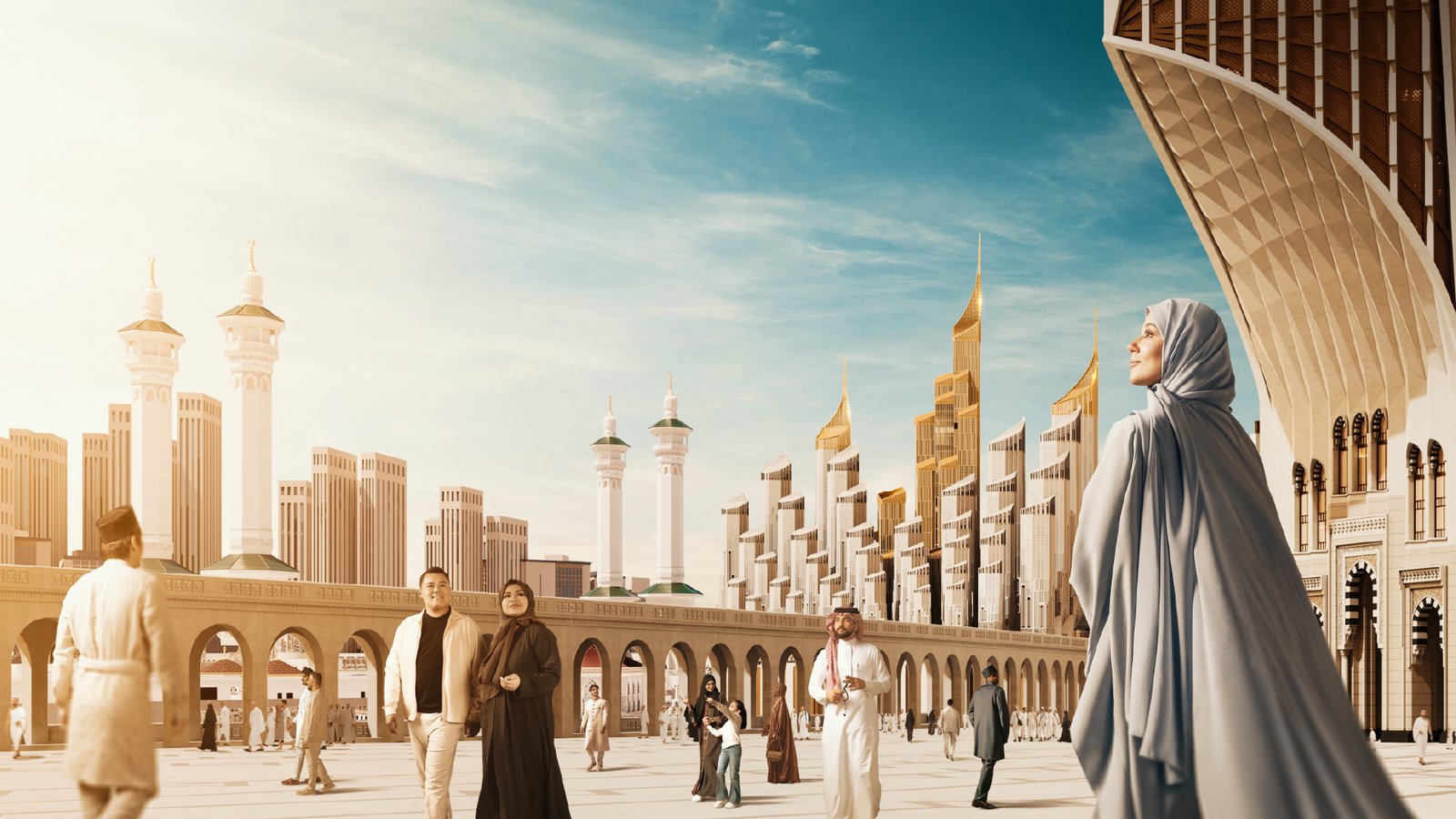 Ilustrasi King Salman Gate di dekat AlMasjid AlHaram Makkah, menampilkan jemaah di area publik, dengan arsitektur baru modern berpadu menara masjid di latar belakang.