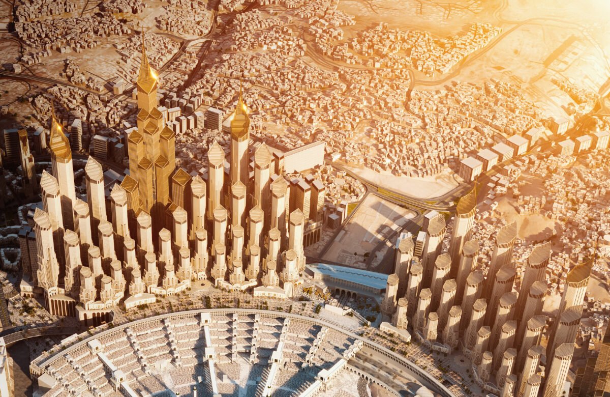 Pemandangan udara (masterplan) King Salman Gate di Makkah yang menunjukkan rencana pengembangan kota terintegrasi dengan gedung-gedung pencakar langit emas berarsitektur khas.