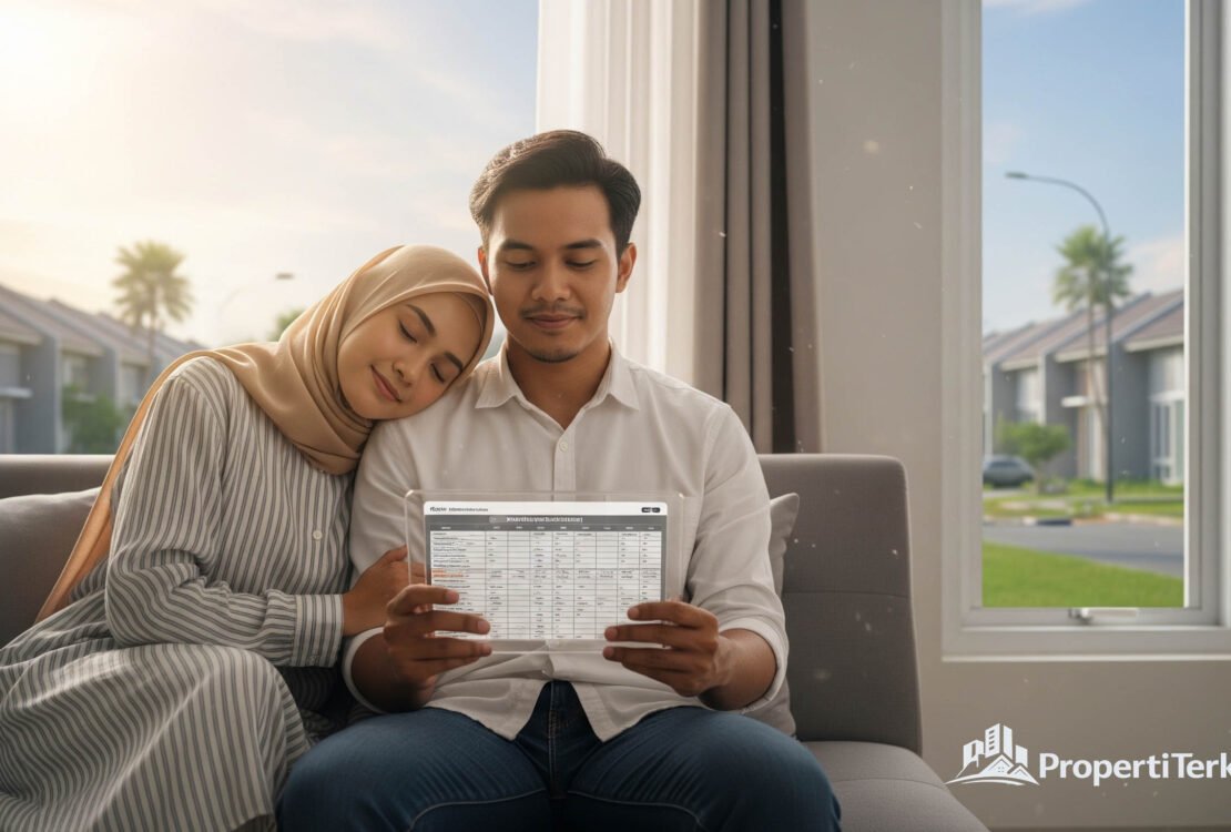 Ilustrasi sepasang suami istri milenial muslim bahagia di ruang tamu mereka, melihat jadwal cicilan tetap KPR Syariah yang transparan di tablet.