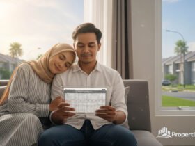 Ilustrasi sepasang suami istri milenial muslim bahagia di ruang tamu mereka, melihat jadwal cicilan tetap KPR Syariah yang transparan di tablet.