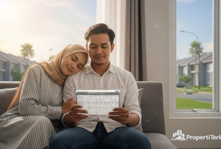 Ilustrasi sepasang suami istri milenial muslim bahagia di ruang tamu mereka, melihat jadwal cicilan tetap KPR Syariah yang transparan di tablet.