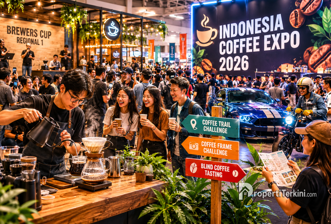 Ilustrasi suasana Indonesia Coffee Expo 2026 di Surabaya dengan aktivitas manual brew, komunitas kopi, dan area lifestyle interaktif