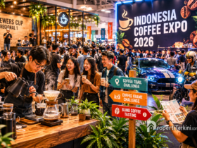 Ilustrasi suasana Indonesia Coffee Expo 2026 di Surabaya dengan aktivitas manual brew, komunitas kopi, dan area lifestyle interaktif