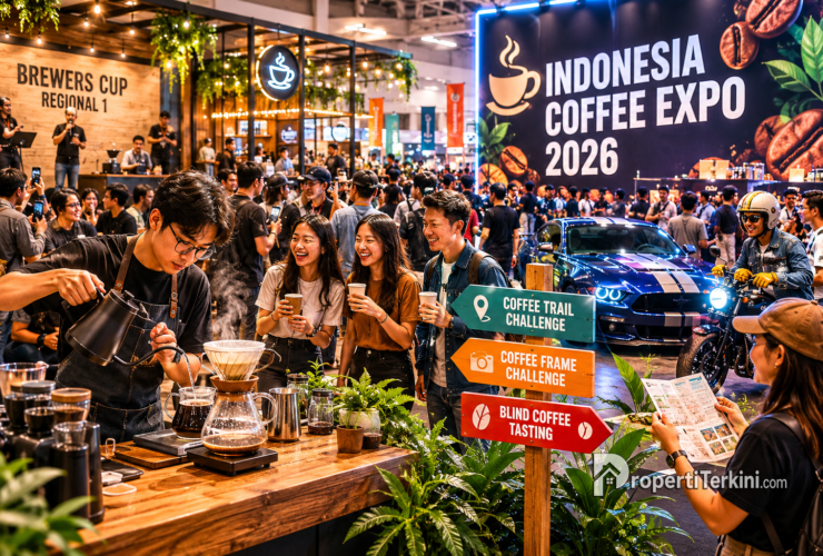 Ilustrasi suasana Indonesia Coffee Expo 2026 di Surabaya dengan aktivitas manual brew, komunitas kopi, dan area lifestyle interaktif