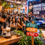 Ilustrasi suasana Indonesia Coffee Expo 2026 di Surabaya dengan aktivitas manual brew, komunitas kopi, dan area lifestyle interaktif
