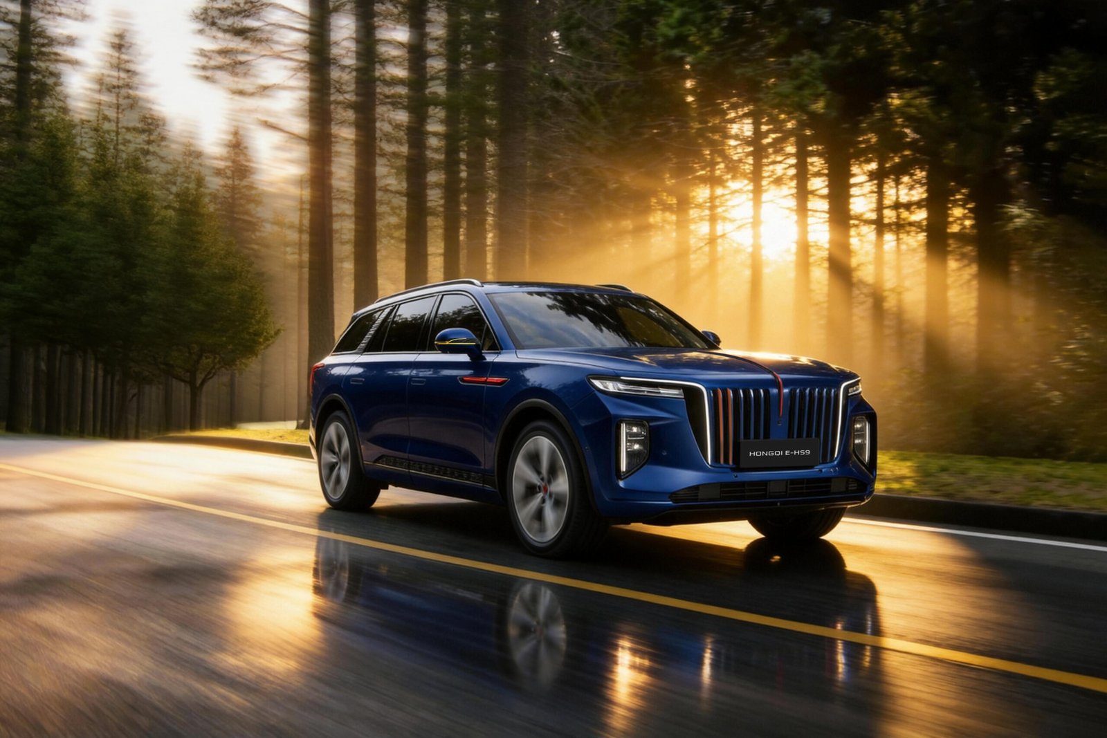 Mobil SUV listrik mewah Hongqi E-HS9 warna biru melaju anggun di jalan raya melambangkan hadirnya Hongqi Indonesia