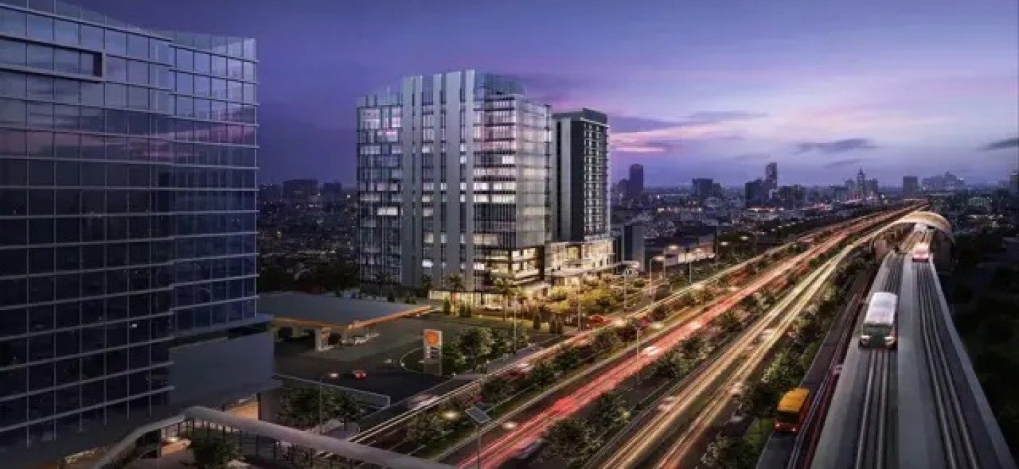 Visualisasi arsitektur gedung Apartemen LRT City Tebet berkonsep transit oriented development terhubung dengan jalur LRT