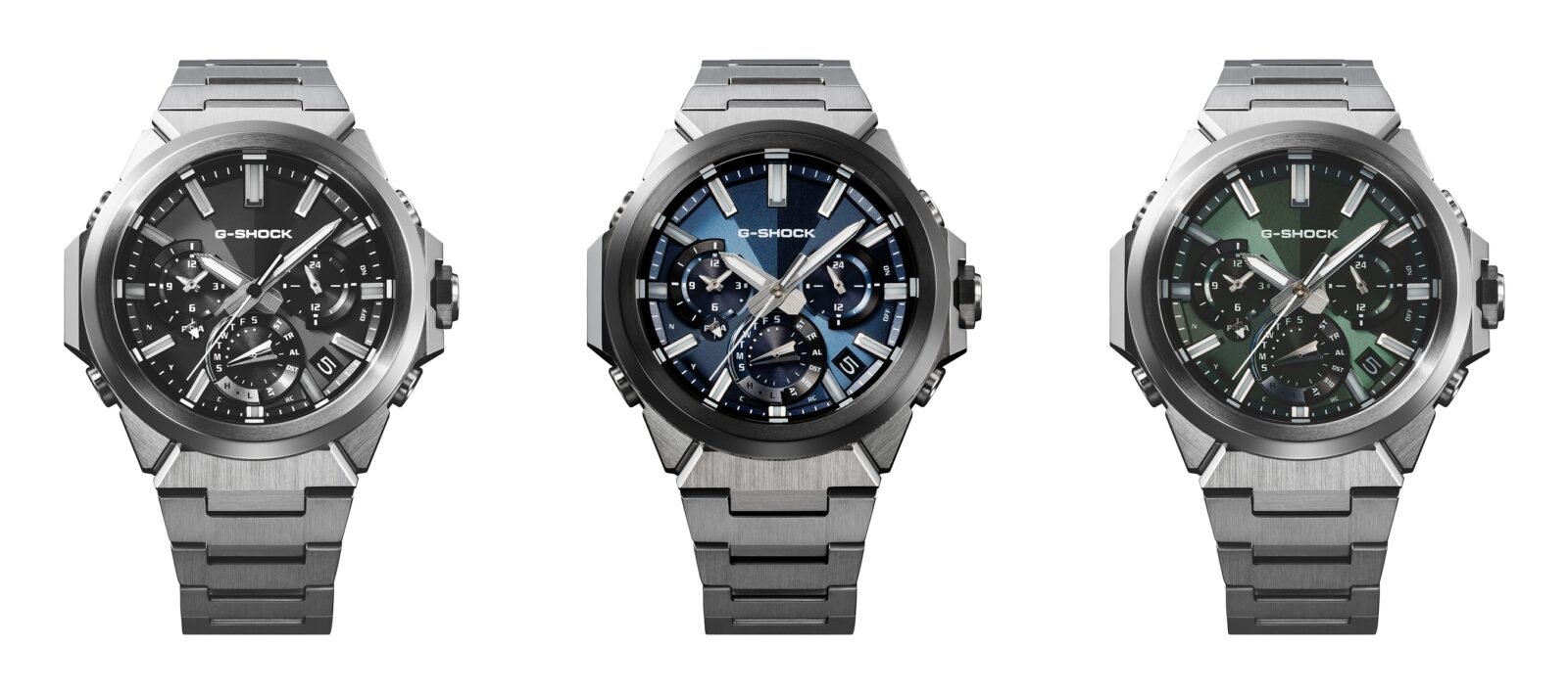 Tiga varian jam tangan G-SHOCK GST-W1000 berbahan metal dengan pilihan warna dial hitam, biru, dan hijau bertekstur geometris 3D.
