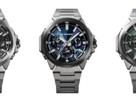 Tiga varian jam tangan G-SHOCK GST-W1000 berbahan metal dengan pilihan warna dial hitam, biru, dan hijau bertekstur geometris 3D.