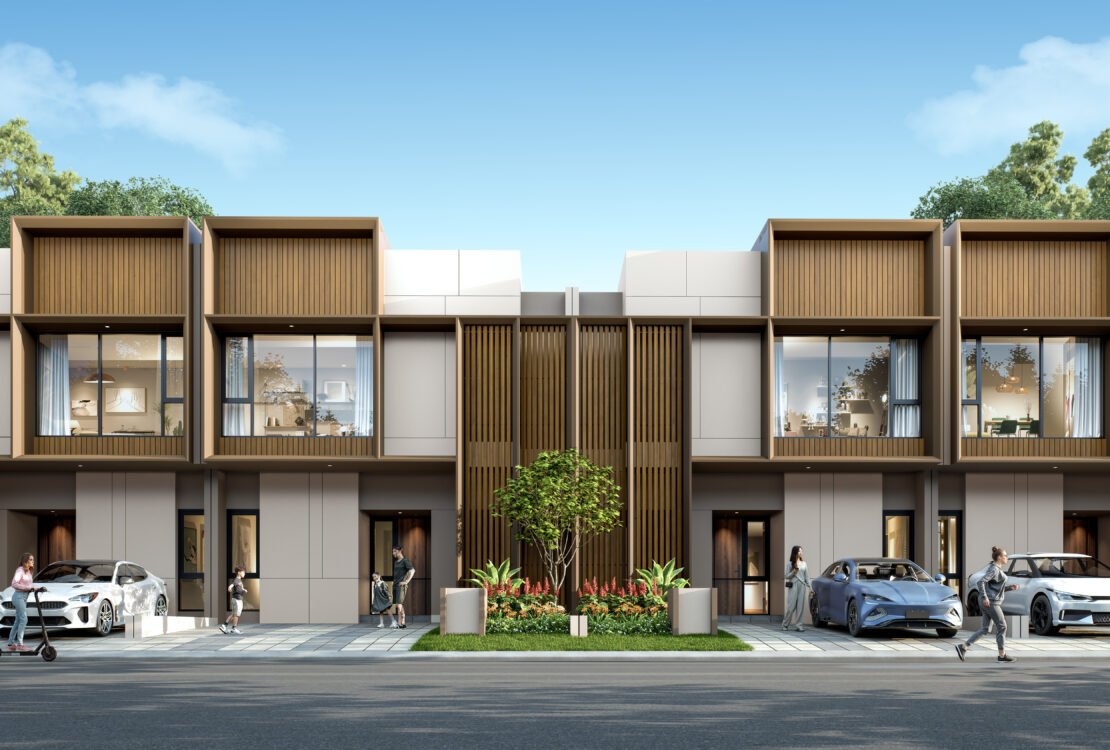 fasad rumah tropis modern dua lantai di cluster ryil sutera rasuna tangerang