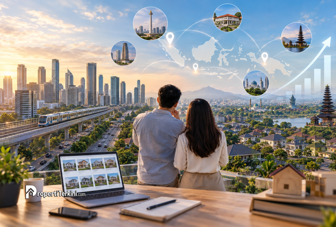 Pasangan calon pembeli hunian memantau peta pasar properti sekunder 2026 dan potensi pertumbuhan harga di kota-kota utama Indonesia lewat laptop