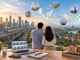 Pasangan calon pembeli hunian memantau peta pasar properti sekunder 2026 dan potensi pertumbuhan harga di kota-kota utama Indonesia lewat laptop
