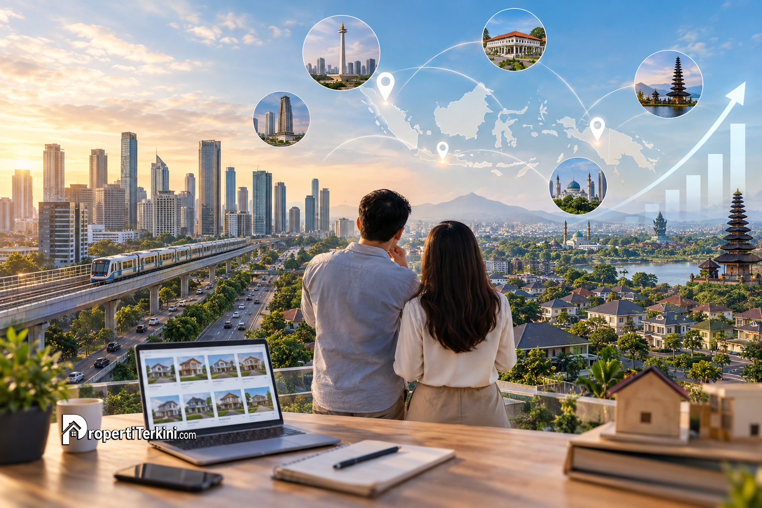 Pasangan calon pembeli hunian memantau peta pasar properti sekunder 2026 dan potensi pertumbuhan harga di kota-kota utama Indonesia lewat laptop