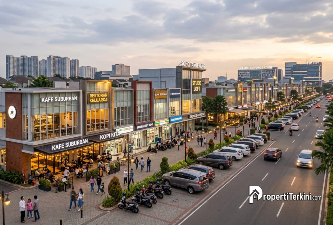 Deretan ruko dan studio loft komersial modern yang ramai pengunjung di kawasan kota mandiri Jabodetabek