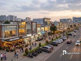 Deretan ruko dan studio loft komersial modern yang ramai pengunjung di kawasan kota mandiri Jabodetabek