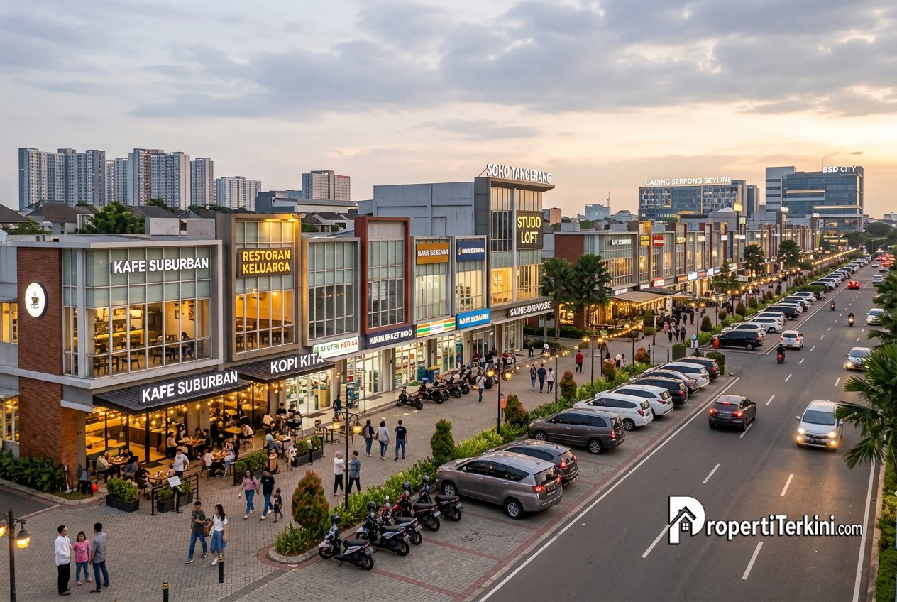 Deretan ruko dan studio loft komersial modern yang ramai pengunjung di kawasan kota mandiri Jabodetabek