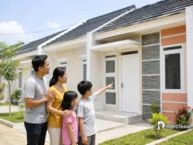 Satu keluarga terdiri dari ayah ibu dan dua anak melihat bagian depan rumah MBR dan hunian layak layak huni