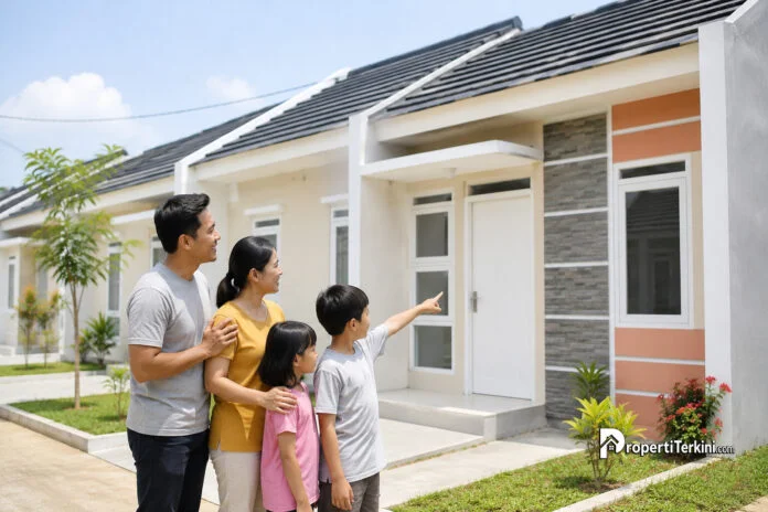 Satu keluarga terdiri dari ayah ibu dan dua anak melihat bagian depan rumah MBR dan hunian layak layak huni