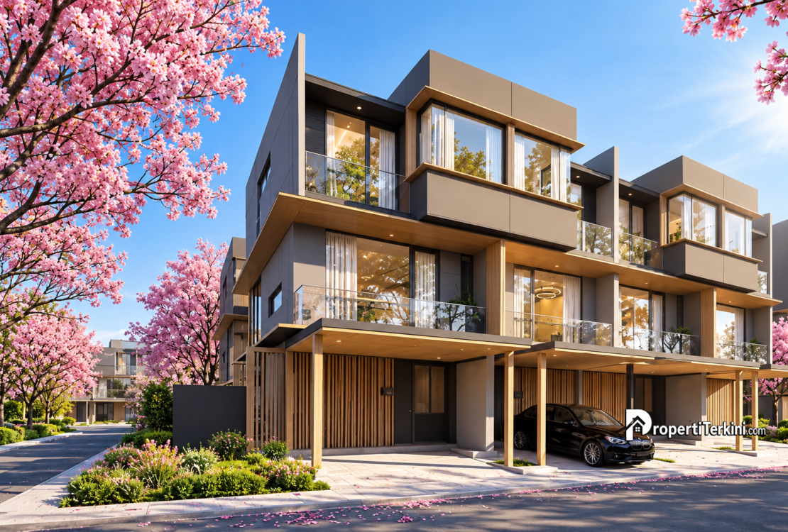 Fasad hunian 3 lantai Brentwood Villas Cikarang karya Alex Bayusaputro berkonsep multigenerational living di OAZE Cikarang