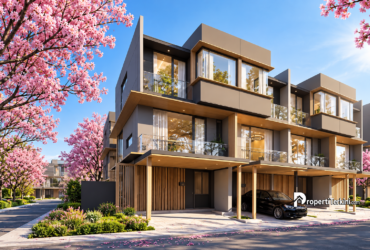 Fasad hunian 3 lantai Brentwood Villas Cikarang karya Alex Bayusaputro berkonsep multigenerational living di OAZE Cikarang