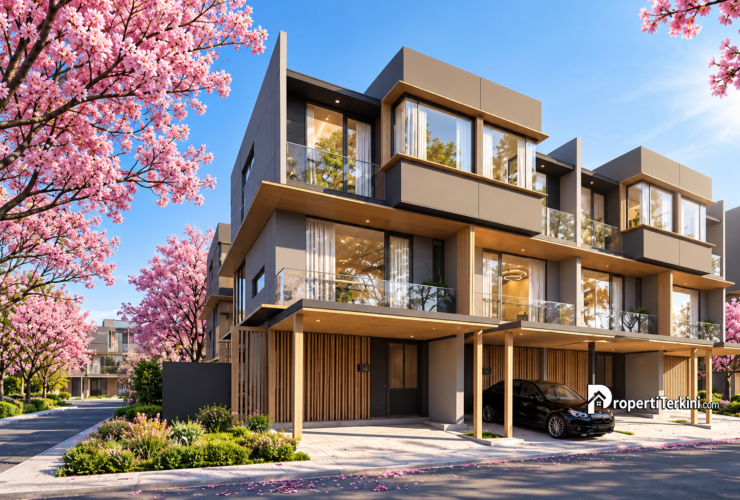 Fasad hunian 3 lantai Brentwood Villas Cikarang karya Alex Bayusaputro berkonsep multigenerational living di OAZE Cikarang