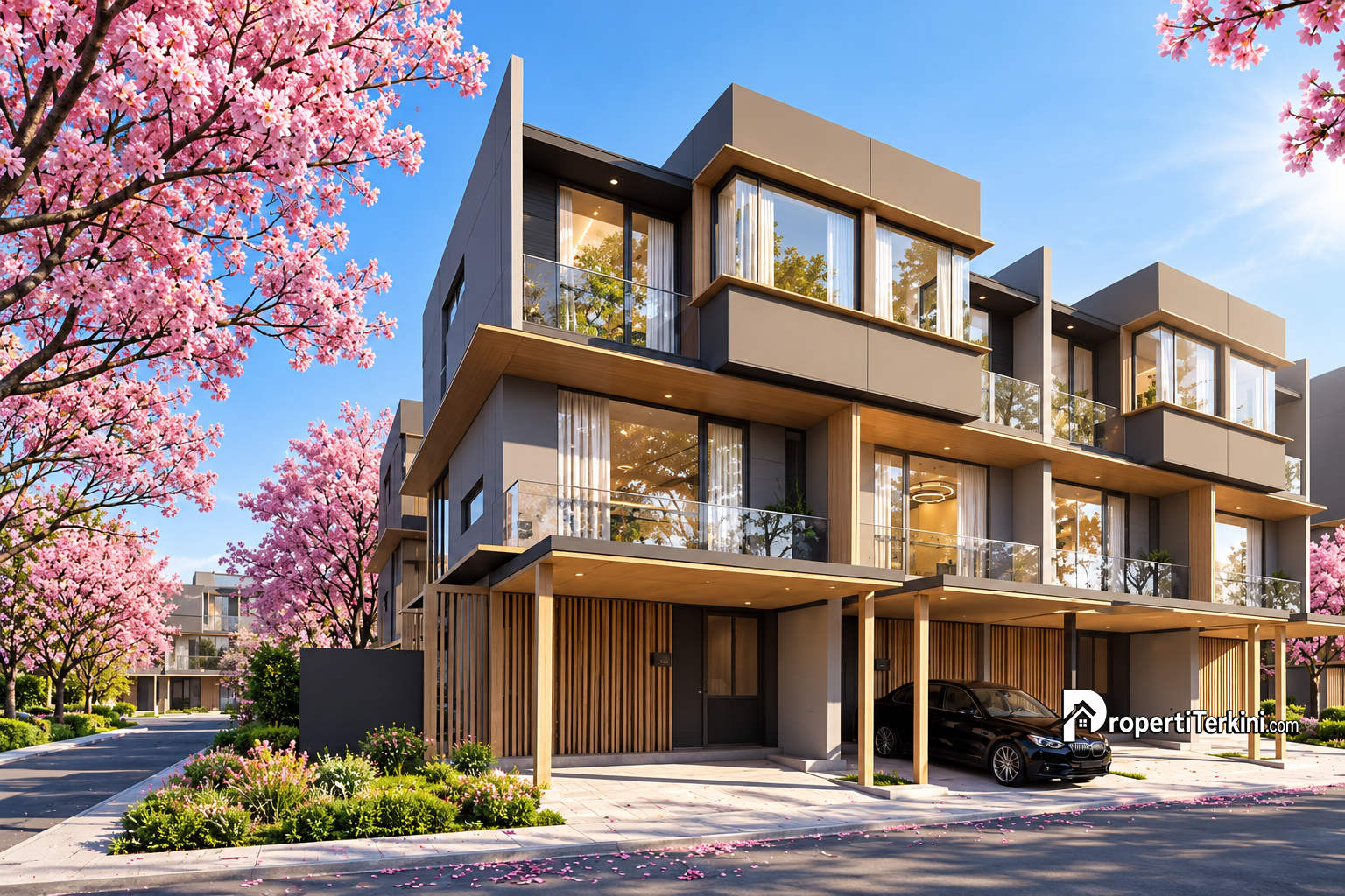 Fasad hunian 3 lantai Brentwood Villas Cikarang karya Alex Bayusaputro berkonsep multigenerational living di OAZE Cikarang