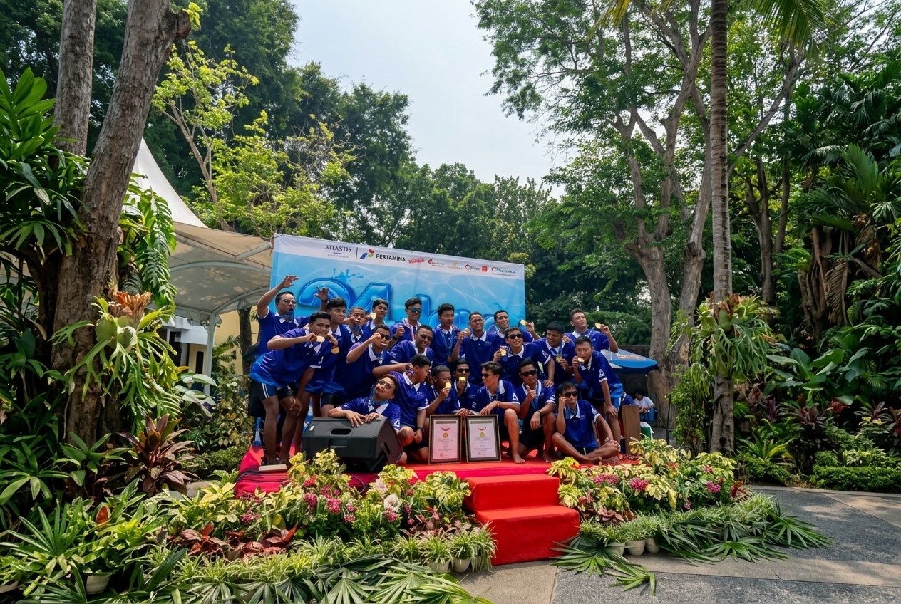 Tim lifeguard dan manajemen berpose bersama piagam rekor muri atlantis ancol dalam perayaan hari renang sedunia 2026