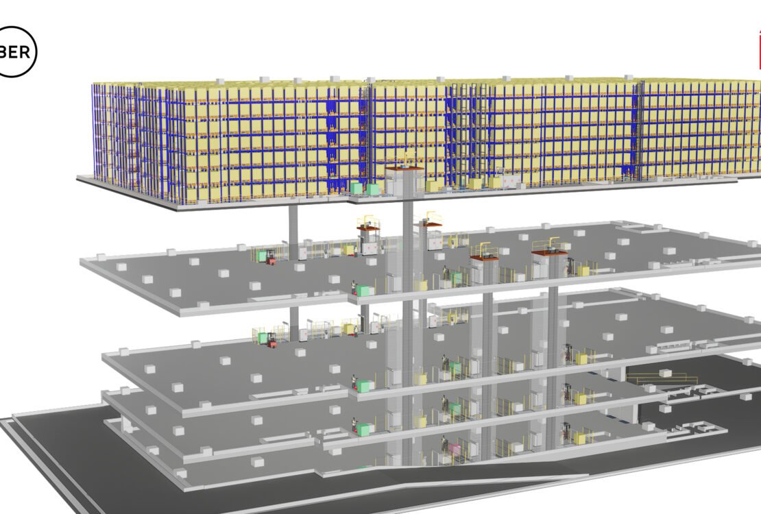 ilustrasi gudang vertikal Radha Exports di Singapura dengan sistem penyimpanan palet otomatis lima lantai