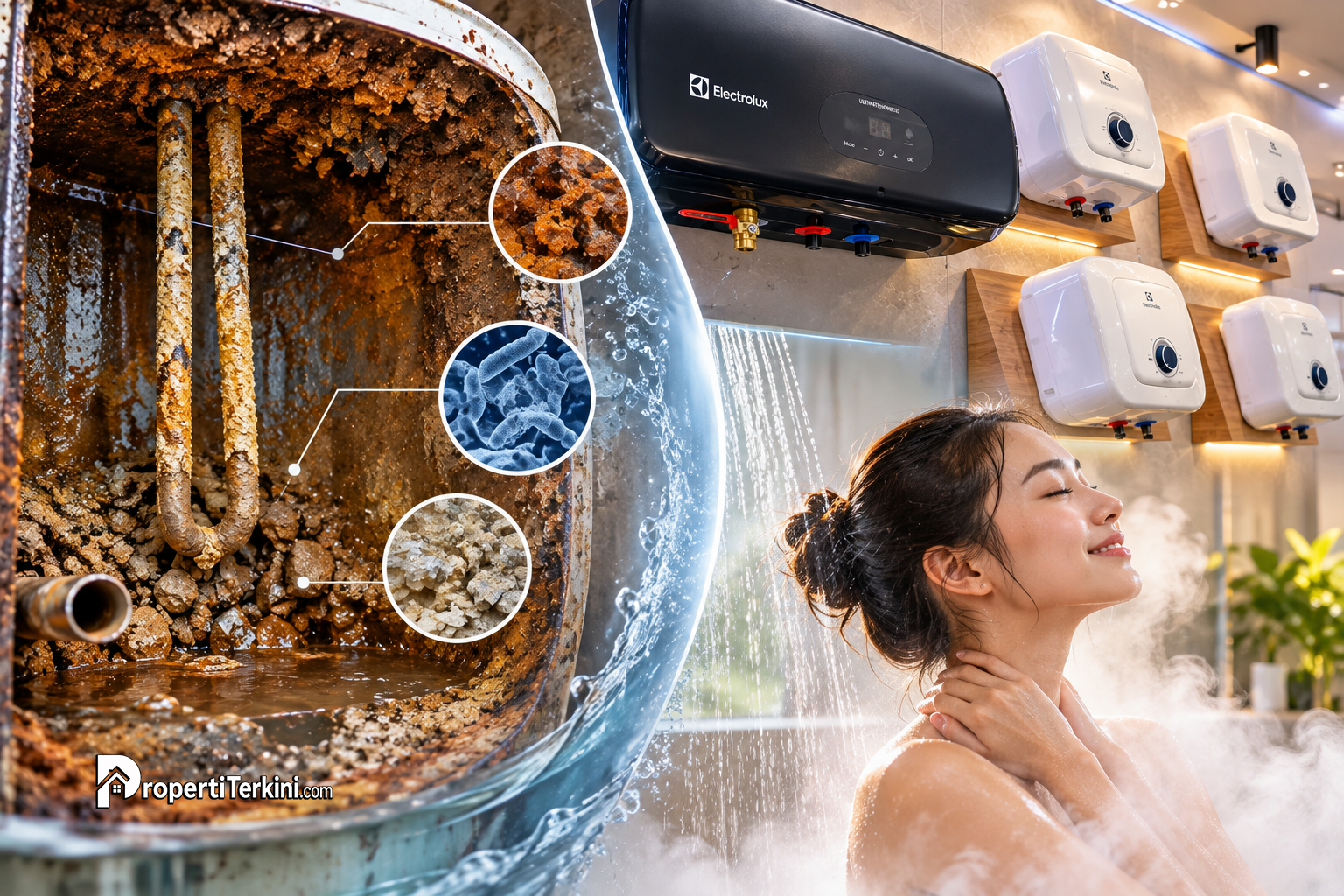 Komparasi tangki pemanas air kotor penuh kerak dan bakteri dengan kenyamanan air mandi bersih dari pemanas air Electrolux UltimateHome